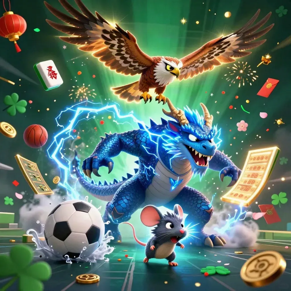 Lightning dragon, hawk and static mouse amid sports balls, gold tiles and casino sparks.