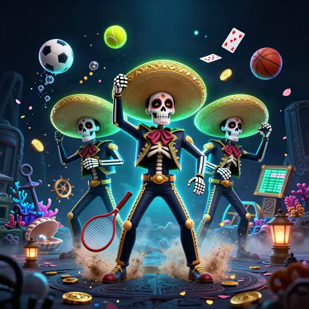 Skeleton mariachi trio amid treasure-cove glow, coins, coral, cards, and sports gear