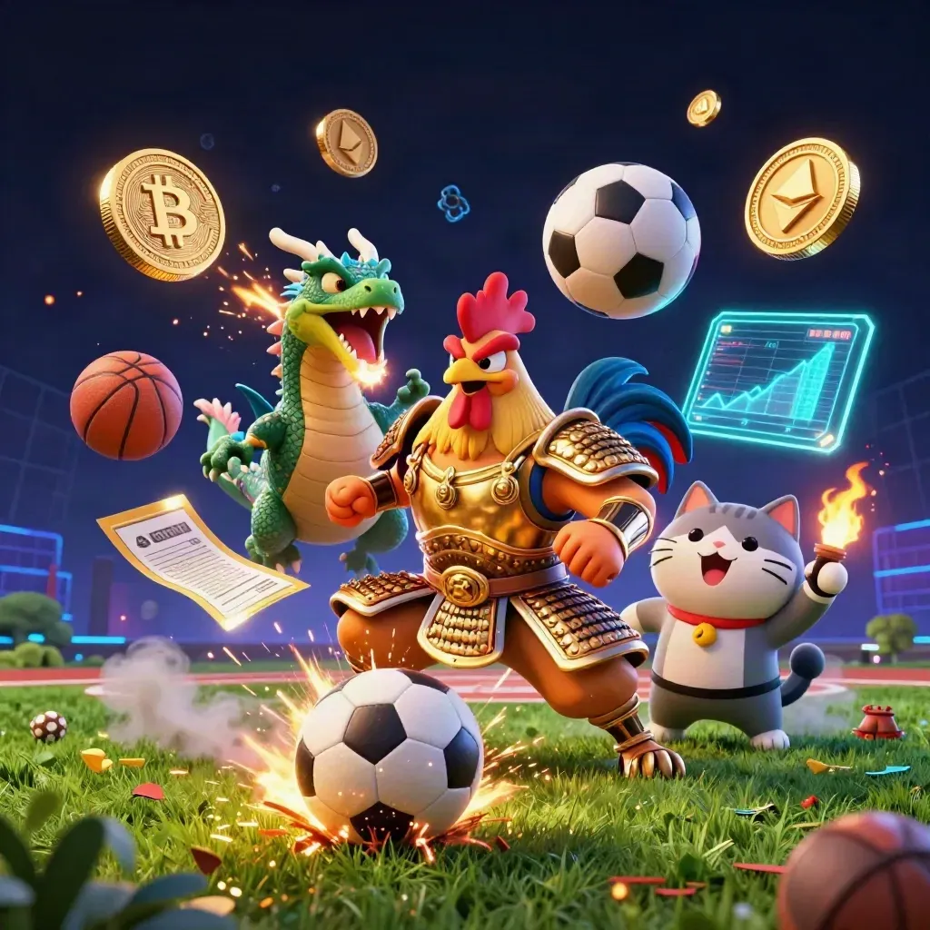 Rooster samurai, spark-breathing hatchling and lucky cat amid baseball, coins and neon glow