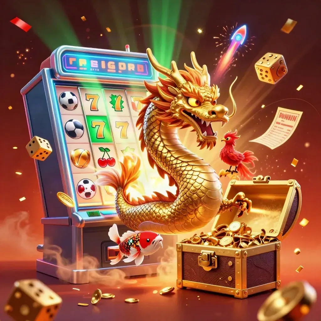 Golden dragon, phoenix, koi, slot machine, and sports icons explode in a fiery casino scene.