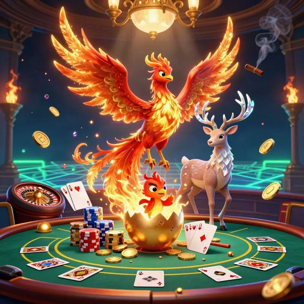Phoenix, baby phoenix, and crystal stag amid casino lights, coins, cards, and a spinning roulette wheel.