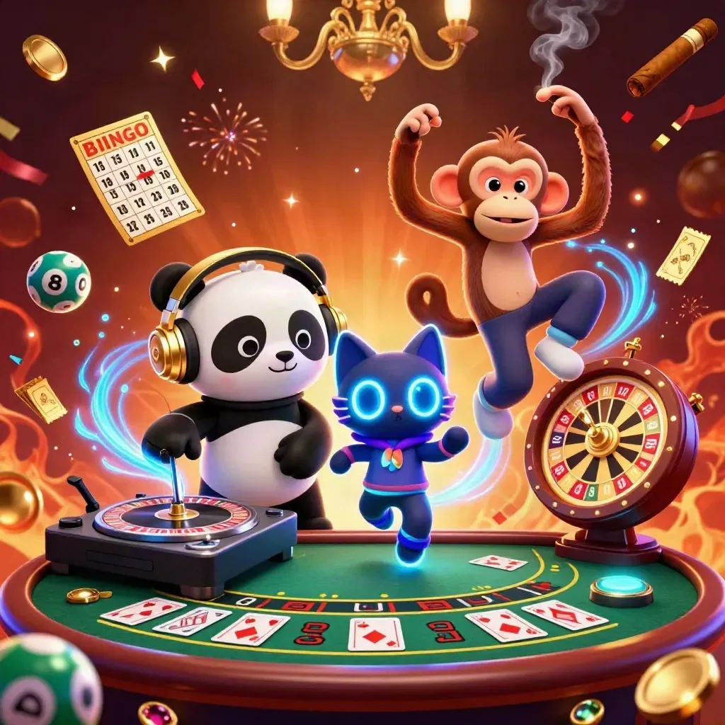 Panda DJ, dancing monkey, and rave kitten in a glowing casino fantasy with roulette and confetti.