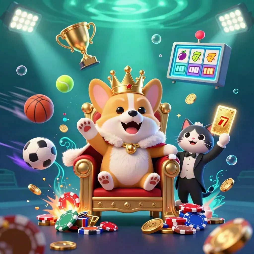 Royal corgi king and cat butler amid green casino loot, sports balls, lights and underwater glow.