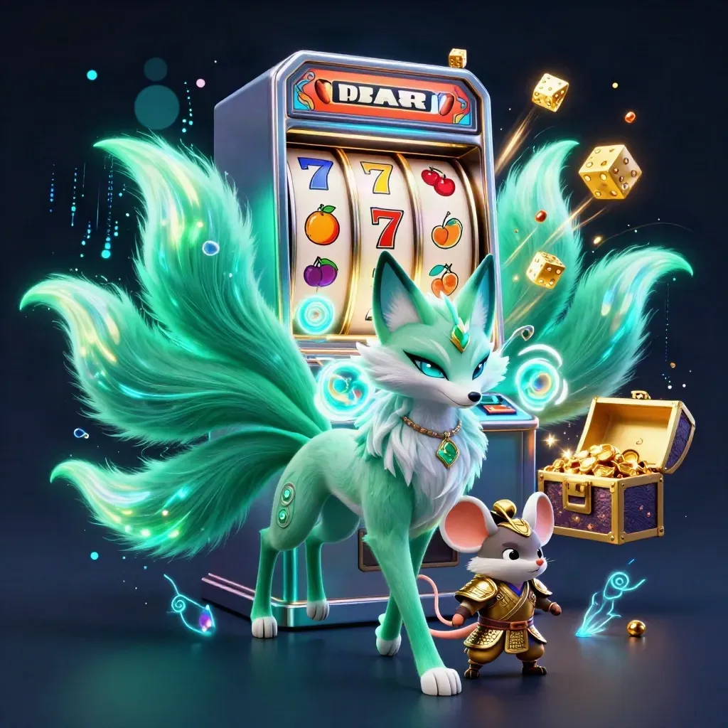 Nine-tailed fox spirit and samurai mouse amid exploding jackpot loot in neon casino key art