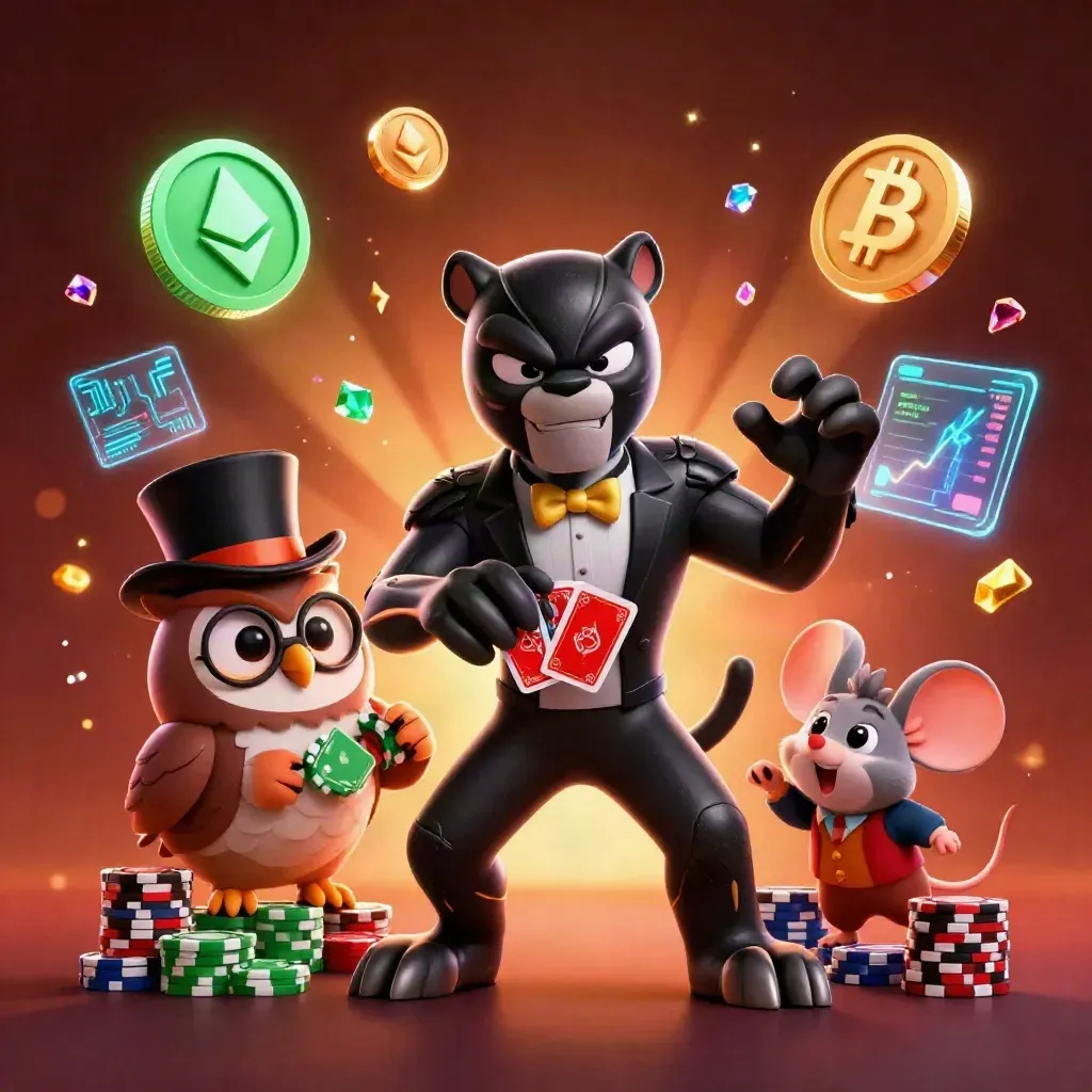 Panther, owl, and mouse in tuxedo casino action with glowing crypto effects