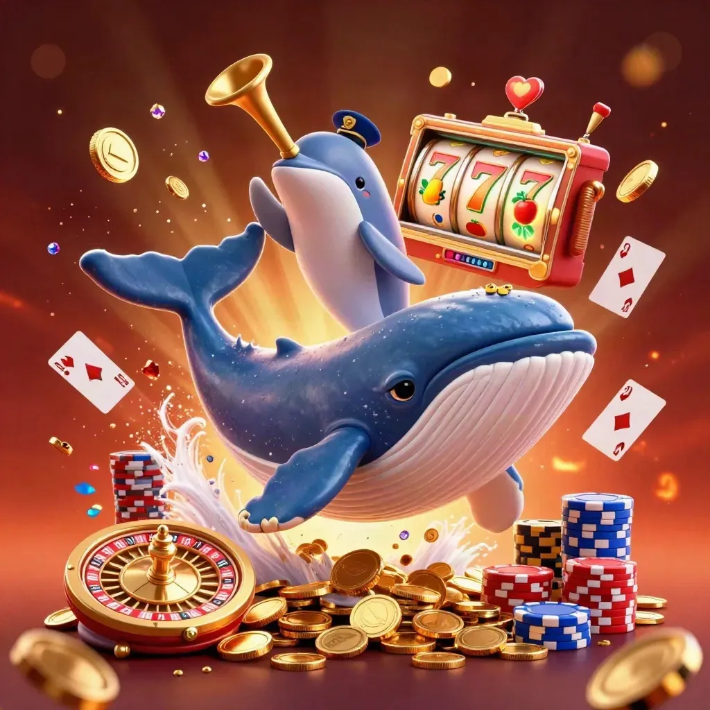 Whale captain, narwhal, and dolphins burst through coins and chips in neon casino glow.
