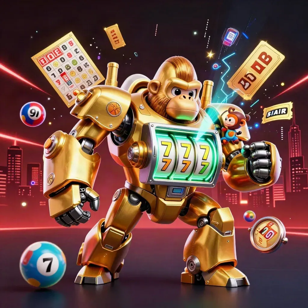 Golden gorilla slot mech with monkey pilot, neon energy, lottery balls, bingo card, prize wheel