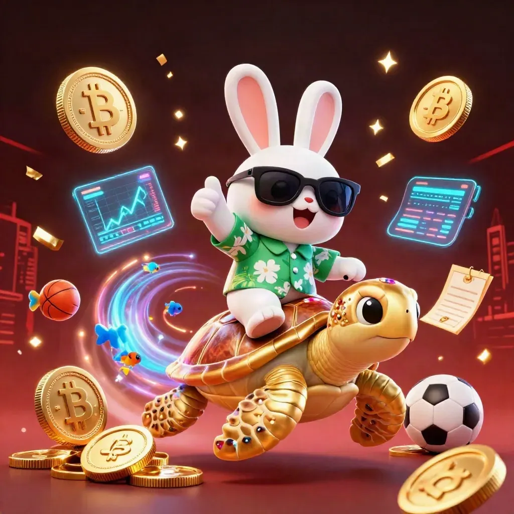 Lucky rabbit on a golden sea turtle amid coins, fireworks, and casino icons
