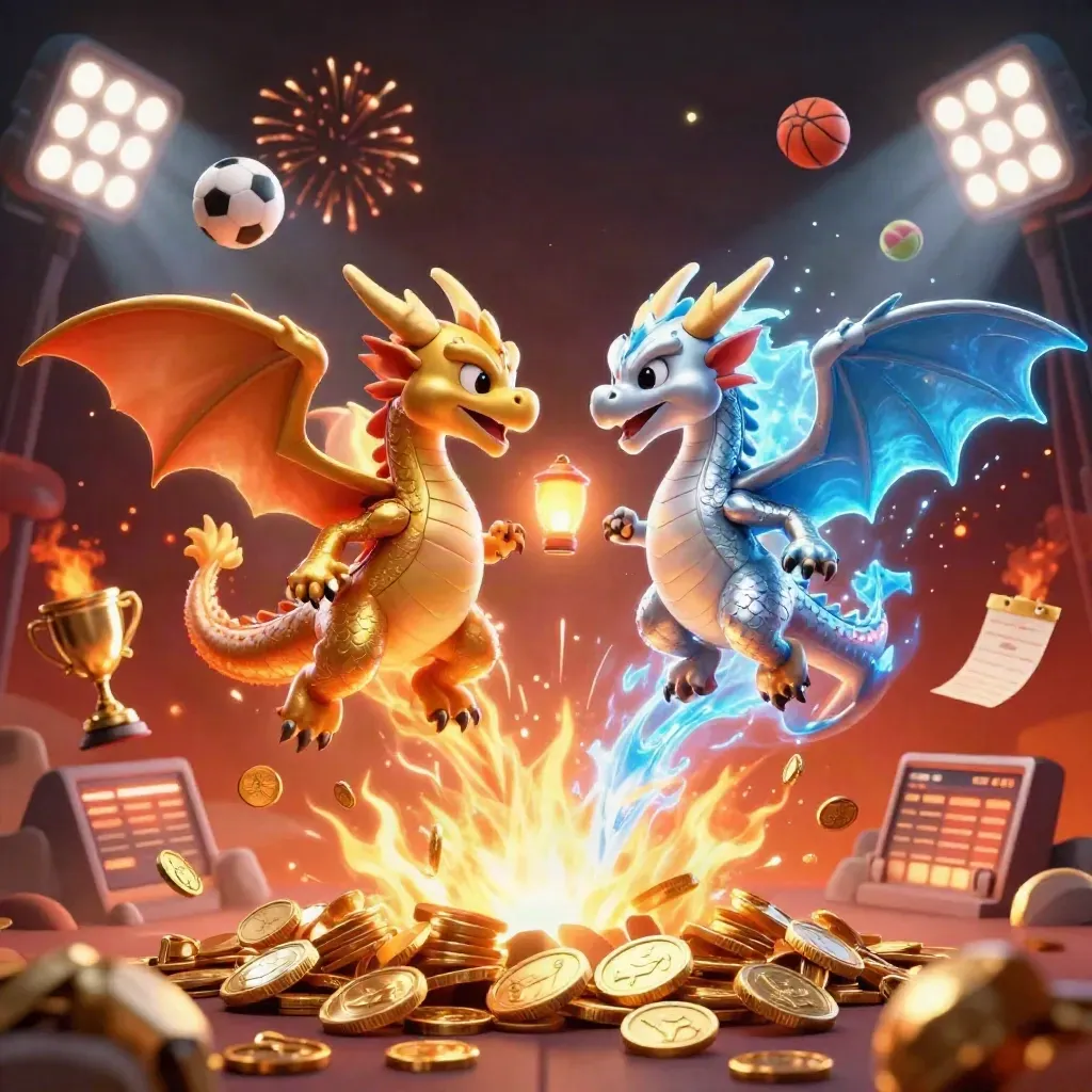 Twin dragons spiral through coins, sports balls, a trophy, and fireworks in a casino burst.