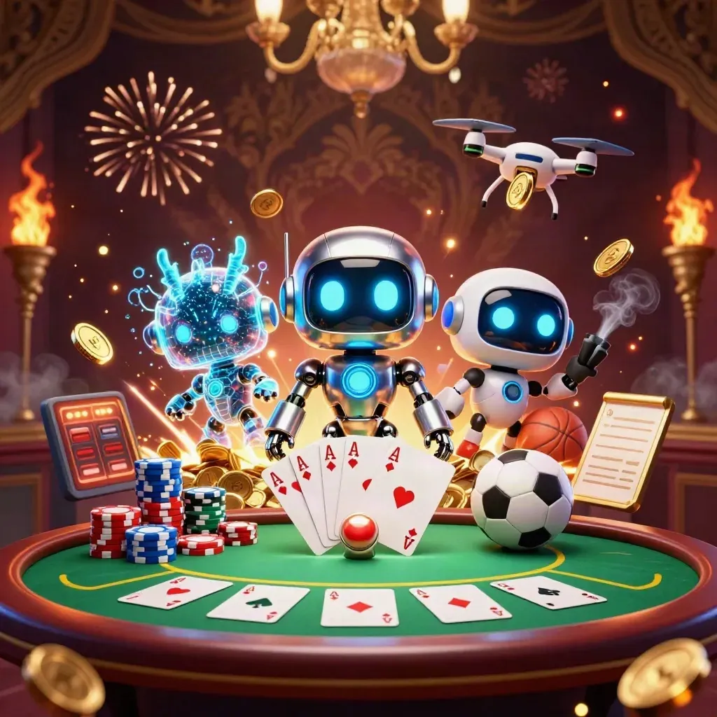 Cyberpunk robot, AI dragon and coin drone amid casino treasure, chips, cards and sports props