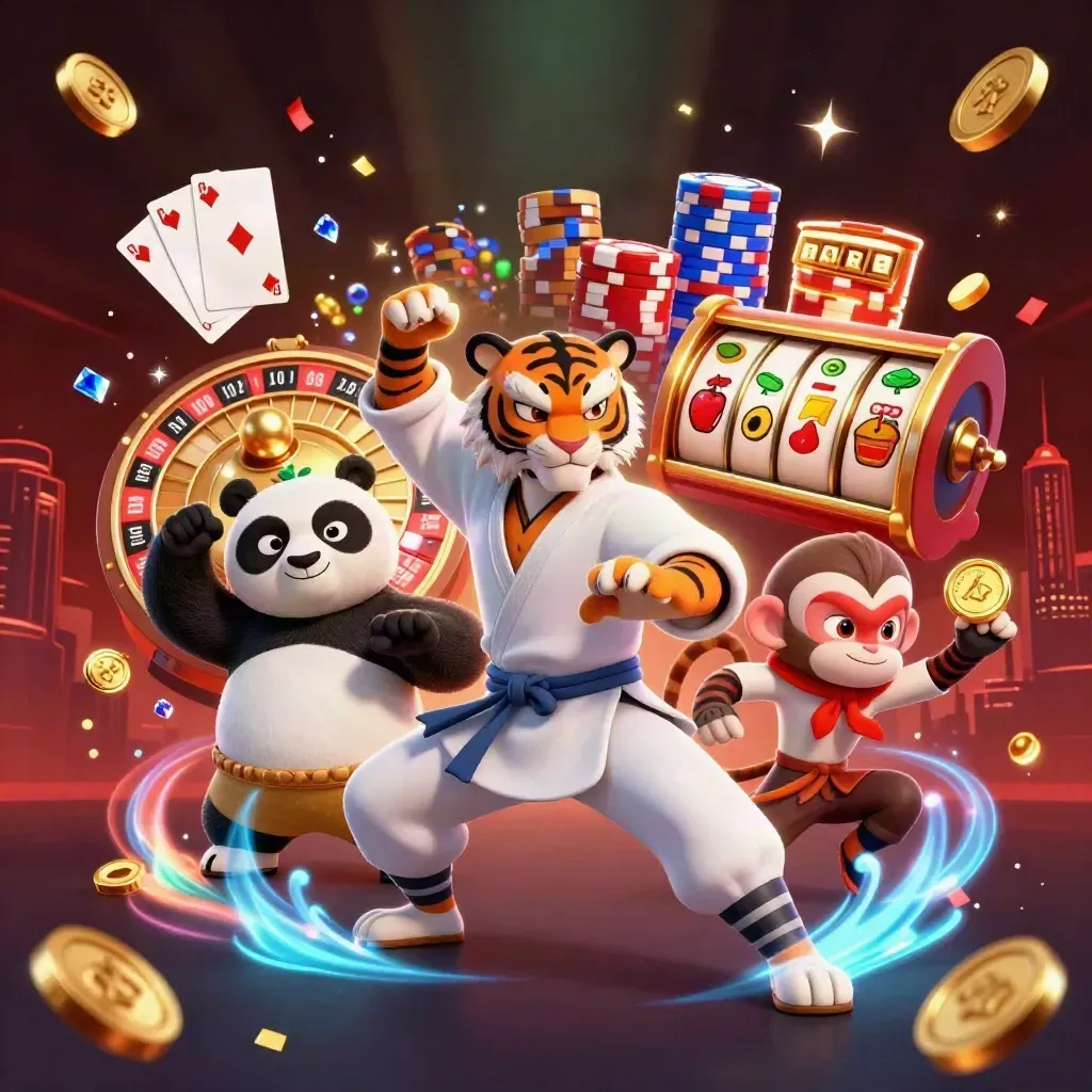 Tiger, panda, and monkey blaze through casino effects with coins, reels, chips, and fireworks.