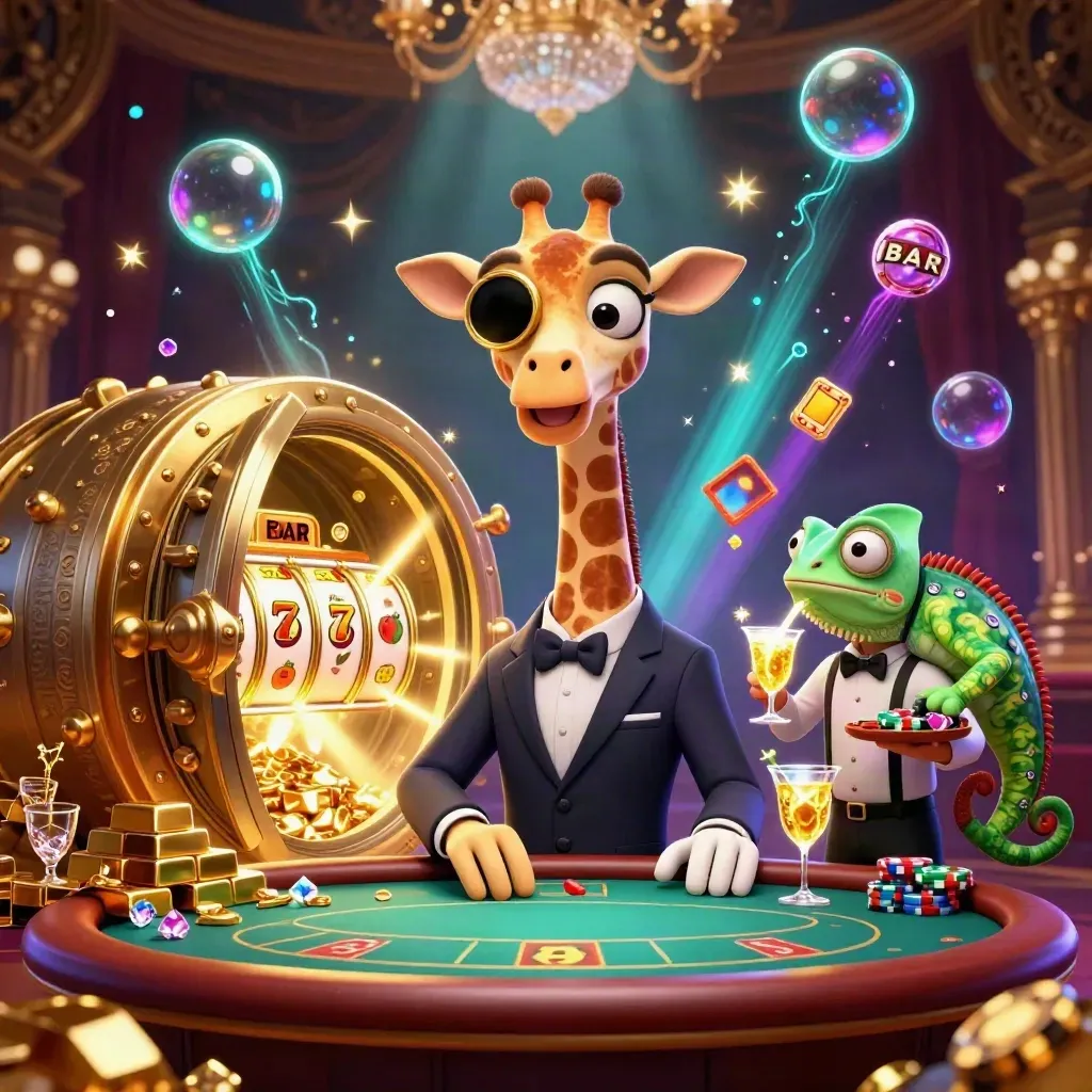 Giraffe high roller, monkey valet, and chameleon bartender amid vault gold and casino glow.