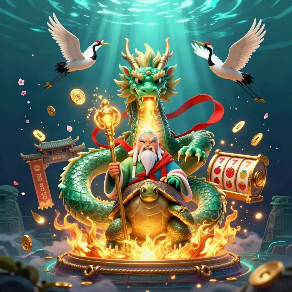 Emerald dragon, turtle sage and cranes amid gold fire, reels, coins, fog and temple glow