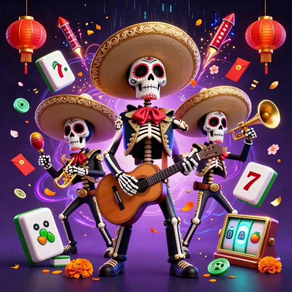 Skeleton mariachi trio with neon casino effects, glowing tiles, lanterns, coins and fireworks
