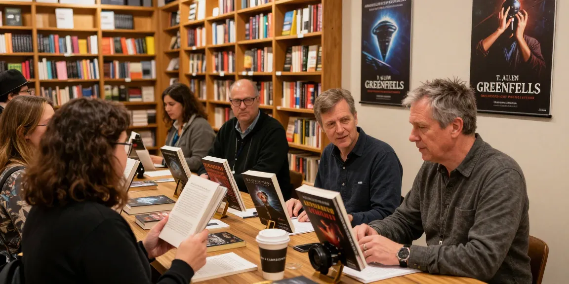 T. Allen Greenfield engaging with readers at https://tallengreenfield.com book signing event surrounded by literature.